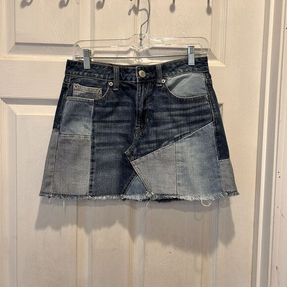 American Eagle Women Skirt Size 4 Blue Denim Patchwork Hi Rise Festival‎ Mini - Picture 1 of 9